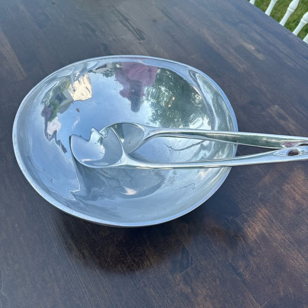 Vintage Aluminum Salad Bowl with Serving Utensils